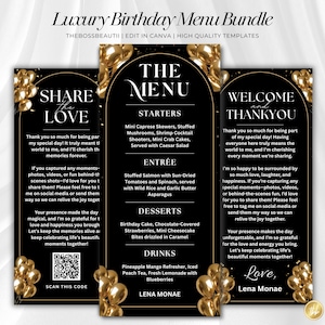 Puede incluir: Paquete de menú de cumpleaños negro y dorado con tres tarjetas. Las tarjetas presentan textos como "Comparte el amor", "El menú" y "Bienvenida y gracias". Globos dorados decoran los bordes. El menú incluye entrantes, platos principales, postres y bebidas.