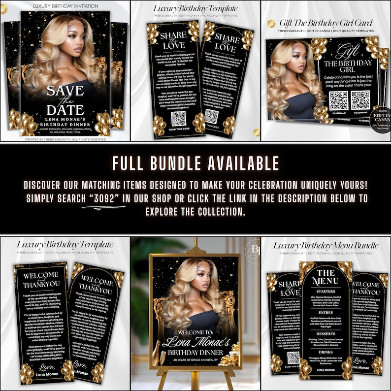 K&ouml;nnte beinhalten: Eine Sammlung schwarzer und goldener Geburtstagsvorlagen, darunter Einladungen, Dankeskarten und Men&uuml;karten. Die Designs zeigen ein Foto einer Frau mit langen blonden Haaren, goldenen Luftballons und den Texten "Save the Date" und "Welcome".