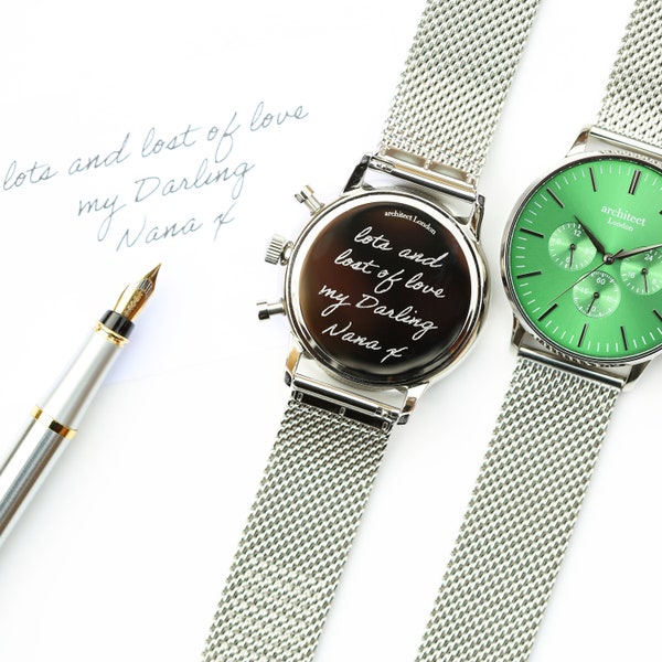 Men's Personalised Architect Motivator Green Face Watch + Silver Mesh Interchangeable Strap Engraved with Your Own Handwriting or Drawing