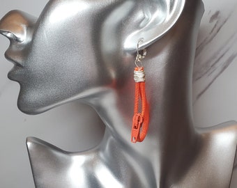 Reddish Orange Homemade Zipper Earring with Silver Wiring