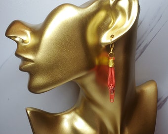 Reddish Orange Homemade Zipper Earring with Gold Wiring