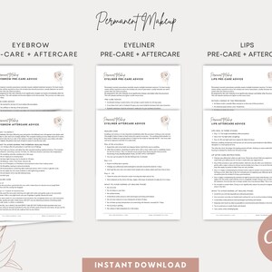 May include: A printable guide with pre- and aftercare advice for eyebrow, eyeliner, and lip permanent makeup. The guide features a pink floral design and the text "Permanent Makeup".