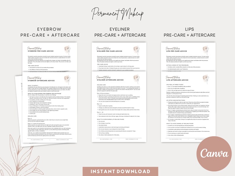May include: A printable guide with pre- and aftercare advice for eyebrow, eyeliner, and lip permanent makeup. The guide features a pink floral design and the text "Permanent Makeup".