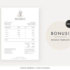 May include: A minimalist invoice template with a line drawing of a woman with flowers in her hair. The template includes sections for description, price, quantity, total, subtotal, tax, and total. The template also includes a section for payment information. The text "BONUS! INVOICE TEMPLATE" is displayed in a circle on the right side of the image.