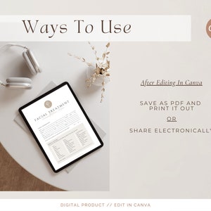 May include: A digital product for a facial treatment, displayed on a tablet computer. The product is designed to be edited in Canva and can be saved as a PDF and printed or shared electronically.