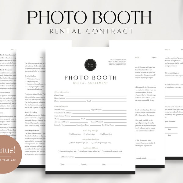 Photo Booth Contract Template, Photo Booth Template, Photo Booth Rental Agreement, Editable Photo Booth Rental Contract, Canva