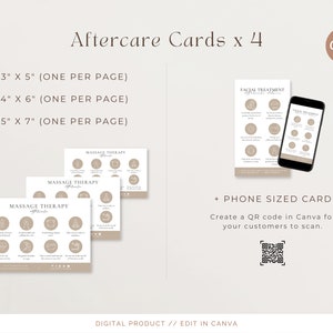 May include: A digital product for creating aftercare cards for massage and facial treatments. The image shows four different card sizes: 3x5 inches, 4x6 inches, 5x7 inches, and a phone-sized card. The cards are designed in a minimalist style with a beige background and black text. The image also includes a QR code that can be used to create a link to a website or social media page.