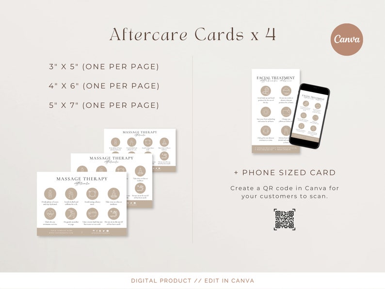 May include: A digital product for creating aftercare cards for massage and facial treatments. The image shows four different card sizes: 3x5 inches, 4x6 inches, 5x7 inches, and a phone-sized card. The cards are designed in a minimalist style with a beige background and black text. The image also includes a QR code that can be used to create a link to a website or social media page.