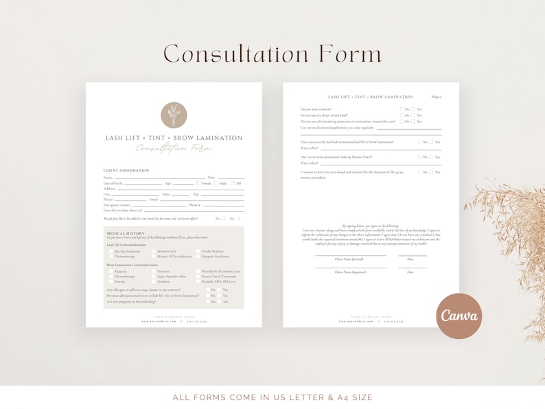 May include: A consultation form for lash lift, tint, and brow lamination services. The form includes client information, medical history, and a client agreement section. The form is designed in a minimalist style with a neutral color palette.