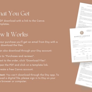 May include: A digital download of a printable makeup service contract template. The template includes sections for client information, services, charges, and a signature line. The template is designed to be used with Canva.