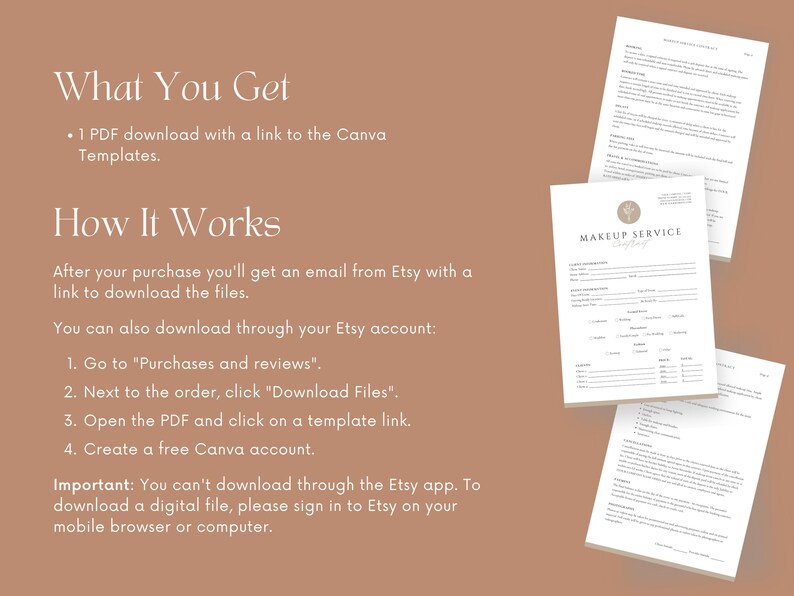 May include: A digital download of a printable makeup service contract template. The template includes sections for client information, services, charges, and a signature line. The template is designed to be used with Canva.