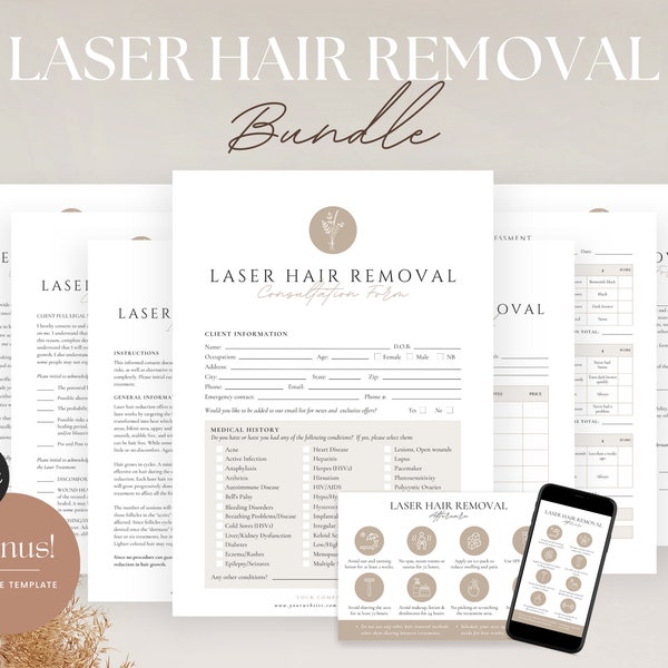 Laser Hair Removal Consent Forms - Laser Hair Reduction Intake, Fitzpatrick Scale, Treatment Record, Laser Aftercare,  Editable Templates