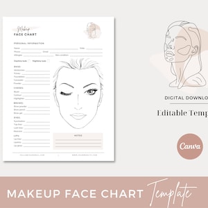 Make-up Artist Gesicht Chart, Make-up Beratung Formular, Make-up Artist Formular, Make-up Gesicht Vorlage, Freelance Make-up Formular, Gesichts Chart, Canva