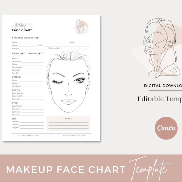 Makeup Artist Face Chart, Makeup Consultation Form, Makeup Artist Form, Makeup Face Template, Freelance Makeup Form,  Face Chart, Canva