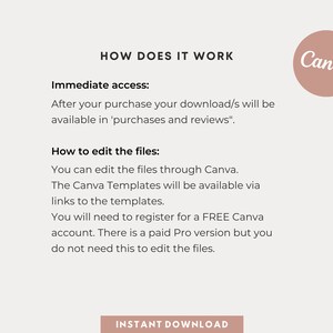 May include: A Canva logo with the text "HOW DOES IT WORK" above it. The text below the logo explains that after purchase, downloads are available in "purchases and reviews". The text also explains how to edit the files using Canva and that a free account is required. The text "INSTANT DOWNLOAD" is at the bottom of the image.