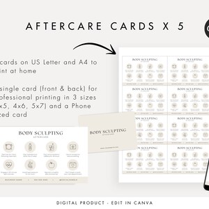 May include: A set of 5 printable aftercare cards for body sculpting treatments. The cards are designed in a minimalist style with a beige background and black text. The cards include instructions for aftercare, such as avoiding sun exposure, drinking plenty of water, and wearing loose-fitting clothing. The cards are available in 3 sizes: 3x5, 4x6, and 5x7 inches, as well as a phone-sized version. The cards are also available in 8 cards on US Letter and A4 to print at home.