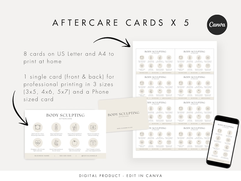 May include: A set of 5 printable aftercare cards for body sculpting treatments. The cards are designed in a minimalist style with a beige background and black text. The cards include instructions for aftercare, such as avoiding sun exposure, drinking plenty of water, and wearing loose-fitting clothing. The cards are available in 3 sizes: 3x5, 4x6, and 5x7 inches, as well as a phone-sized version. The cards are also available in 8 cards on US Letter and A4 to print at home.