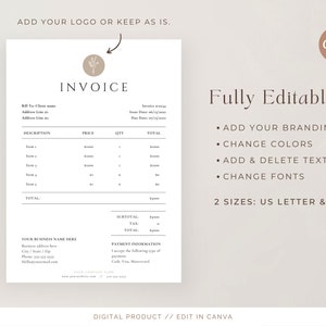 May include: A printable invoice template with a minimalist design. The template features a simple table for listing items, prices, quantities, and totals. It also includes sections for billing information, payment information, and a space for a business logo.