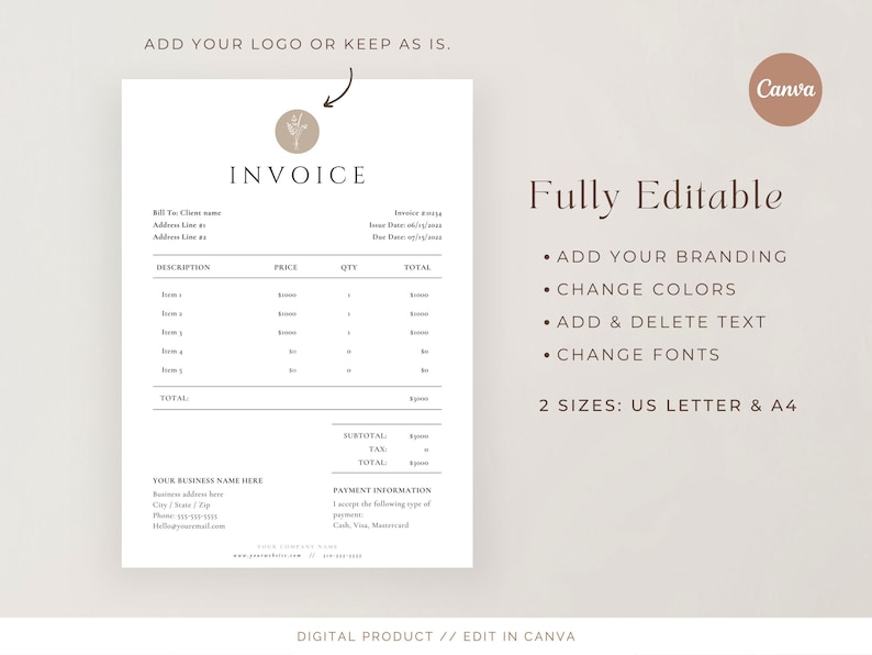 May include: A printable invoice template with a minimalist design. The template features a simple table for listing items, prices, quantities, and totals. It also includes sections for billing information, payment information, and a space for a business logo.