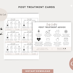 May include: Printable post-treatment advice cards for body sculpting. The cards feature black and white illustrations of a water glass, a cocktail glass, a bathtub, a snowflake, a heart, a hand massaging, an apple, and a calendar. The text on the cards includes "Body Sculpting Post Treatment Advice", "Drink plenty of water and stay hydrated", "Do not drink any alcohol or caffeine for 48 hours", "Avoid saunas, spas, hot tubs, hot shower & for 24 hours", "Use on ice pack to reduce swelling, bruising and stiffness", "Engage in 30 min light exercise, like walking, within 2 hours to stimulate lymphatic drainage", "Massage the treated area daily to prevent toxins from becoming stagnant", "Maintain a healthy diet and regular exercise to preserve the result", "Don't forget to book your next appointment".