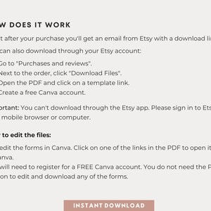May include: Instructions on how to download and edit digital files purchased on Etsy. The instructions explain how to download the files from Etsy, open the PDF, and use Canva to edit the files. The text also states that a free Canva account is required to edit the files.