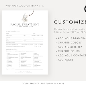 May include: A black and white printable client intake form for facial treatments. The form includes sections for client information, medical history, and contact information. The form is designed to be used in the beauty industry.