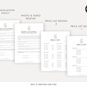 May include: Four printable documents for a body sculpting business. The documents include a cancellation policy, a photo and video release form, and two price list designs. The documents are all white with a simple, elegant design.