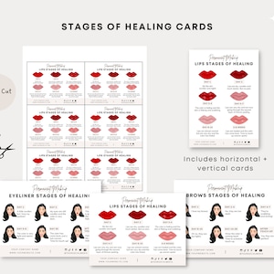 May include: Printable cards showing the stages of healing for permanent makeup procedures, including lips, brows, and eyeliner. The cards feature illustrations of the different stages of healing, with descriptions of what to expect.