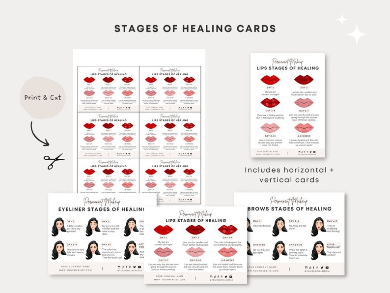 May include: Printable cards showing the stages of healing for permanent makeup procedures, including lips, brows, and eyeliner. The cards feature illustrations of the different stages of healing, with descriptions of what to expect.