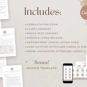 May include: A digital download of printable forms and cards for lash and brow businesses. Includes consultation forms, client consent forms, patch test consent forms, photo and video release forms, appointment cancellation forms, lash lift and tint aftercare cards, brow lamination aftercare cards, and an invoice template. The text "Includes:" and "Bonus!" is displayed in brown text on a beige background. The text "Canva" is displayed in a brown circle on a beige background. The text "Lash Lift - Tint" is displayed on a white card with a brown border. The text "Lash Lift" is displayed on a white card with a brown border. The text "Invoice Template!" is displayed in brown text on a beige background.