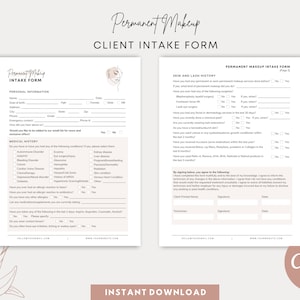 May include: A two-page printable client intake form for permanent makeup services. The form includes sections for personal information, medical history, skin and lash history, and a client signature. The form is designed with a minimalist aesthetic and features a hand-drawn illustration of a woman's face.