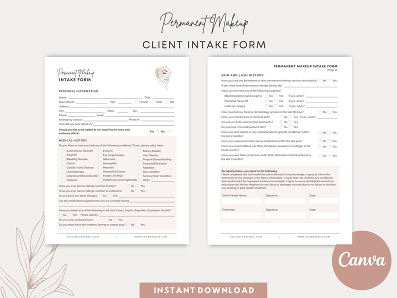 May include: A two-page printable client intake form for permanent makeup services. The form includes sections for personal information, medical history, skin and lash history, and a client signature. The form is designed with a minimalist aesthetic and features a hand-drawn illustration of a woman's face.