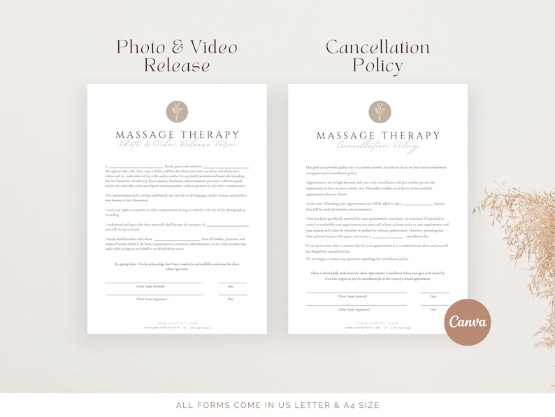 May include: Two printable forms for a massage therapy business. The left form is a photo and video release form. The right form is a cancellation policy. Both forms have a brown floral design and the text "Massage Therapy" at the top.