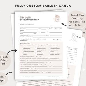 May include: A customizable consultation form for body sculpting, with sections for personal information, medical history, and a place to insert a logo. The form is designed to be used in Canva.