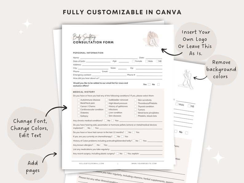 May include: A customizable consultation form for body sculpting, with sections for personal information, medical history, and a place to insert a logo. The form is designed to be used in Canva.