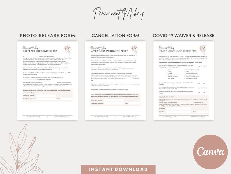 May include: Three printable forms for permanent makeup services. The forms are titled "Photo Release Form", "Cancellation Form", and "COVID-19 Waiver & Release".