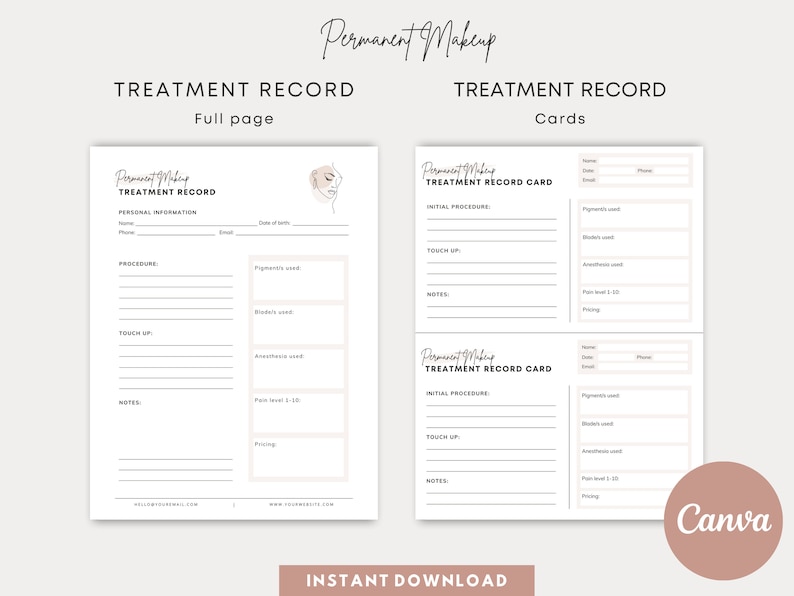 May include: Two printable treatment record templates for permanent makeup. The first template is a full page with sections for personal information, procedure, touch-up, notes, and pricing. The second template is a card with sections for initial procedure, touch-up, notes, and pricing.