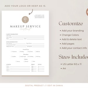 May include: A printable makeup service contract template with a minimalist design. The template includes sections for client information, event information, and a client list with pricing and total. The template is customizable and includes sizes for A4 and US Letter paper.