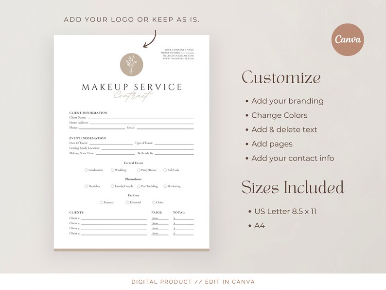 May include: A printable makeup service contract template with a minimalist design. The template includes sections for client information, event information, and a client list with pricing and total. The template is customizable and includes sizes for A4 and US Letter paper.