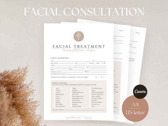 Facial Consultation Form - Editable Esthetician Form Template, Facial Treatment Intake Form, Skincare Consent, Beauty Salon Form, SPA Form