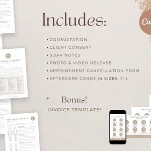 May include: A digital download of printable forms for massage therapists. The forms include a consultation form, client consent form, soap notes, photo and video release, appointment cancellation form, aftercare cards, and an invoice template. The text "Includes:" and "Bonus!" is displayed in brown text. The text "Canva" is displayed in a brown circle.