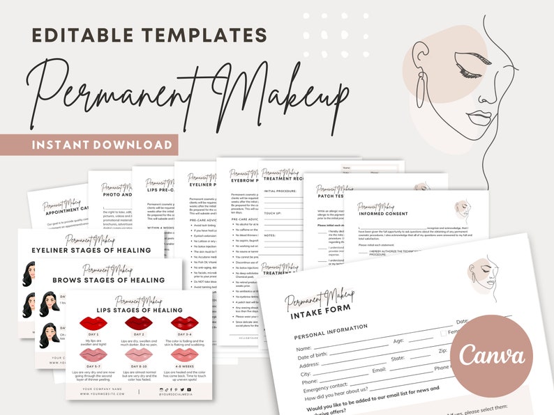 May include: Editable templates for permanent makeup services. The set includes forms for appointment details, photo and lip pre-care, eyeliner and eyebrow treatment records, patch test, informed consent, and an intake form. The forms are designed for easy customization and instant download.