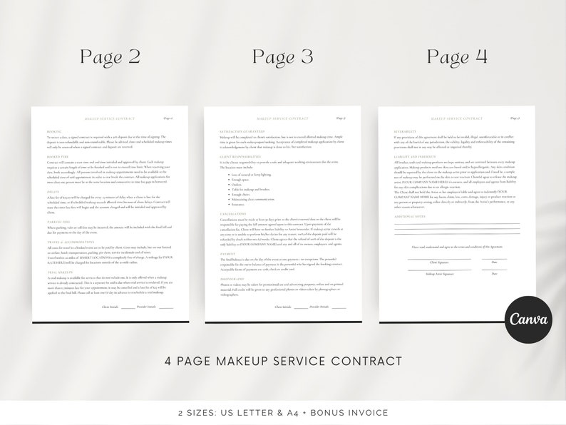 May include: A four-page makeup service contract template in black and white with the text "4 PAGE MAKEUP SERVICE CONTRACT" and "2 SIZES: US LETTER & A4 + BONUS INVOICE" at the bottom. The contract is designed for makeup artists and includes sections for client and makeup artist signatures.