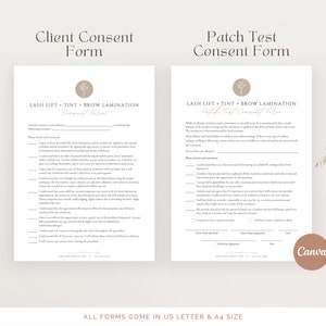 May include: Two printable consent forms for lash lift, tint, and brow lamination services. The forms include sections for client information, allergies, and consent to the procedure. The forms are designed with a minimalist aesthetic and feature a floral motif.