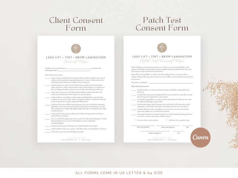 May include: Two printable consent forms for lash lift, tint, and brow lamination services. The forms include sections for client information, allergies, and consent to the procedure. The forms are designed with a minimalist aesthetic and feature a floral motif.