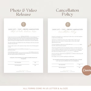 May include: Two printable forms, one for a photo and video release and one for a cancellation policy, both for lash lift, tint, and brow lamination services. The forms are in a light brown color scheme with a floral design.