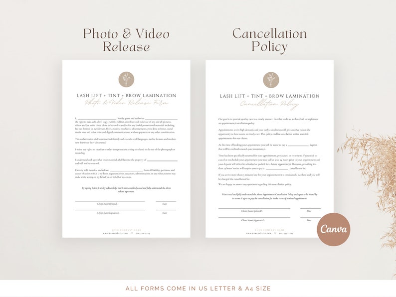 May include: Two printable forms, one for a photo and video release and one for a cancellation policy, both for lash lift, tint, and brow lamination services. The forms are in a light brown color scheme with a floral design.