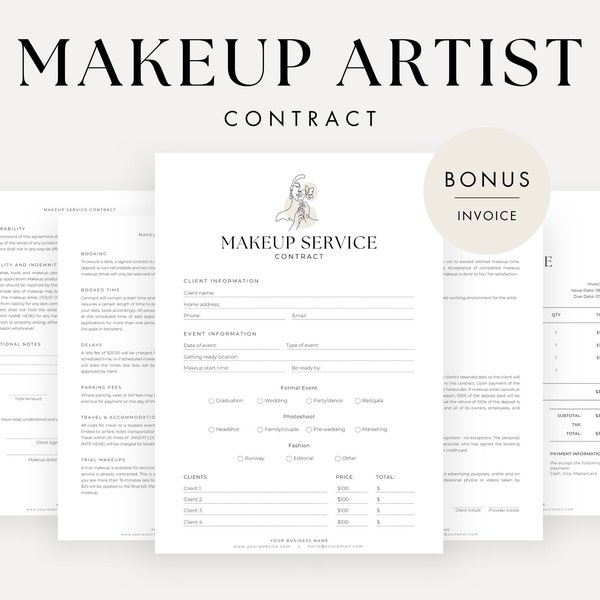 Makeup Artist Contract - Editable Template, MUA Agreement, Makeup Service Form, Bridal Makeup Contract, Freelance Makeup Artist Agreement