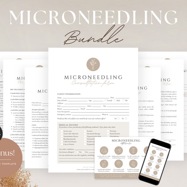 Microneedling Forms - Editable Microneedling Consent Templates, Microneedling Intake Forms, Aftercare, SPA Forms, Collagen Induction Therapy