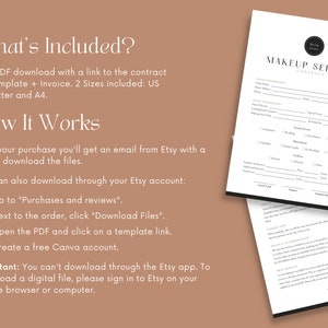 May include: A white and black printable contract template for makeup services. The template includes sections for client information, service details, and pricing. The text "MAKEUP SERVICE CONTRACT" is at the top of the page.